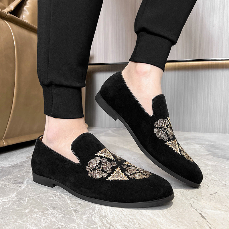Suede Black Gold Embroidery Slip On Shoes