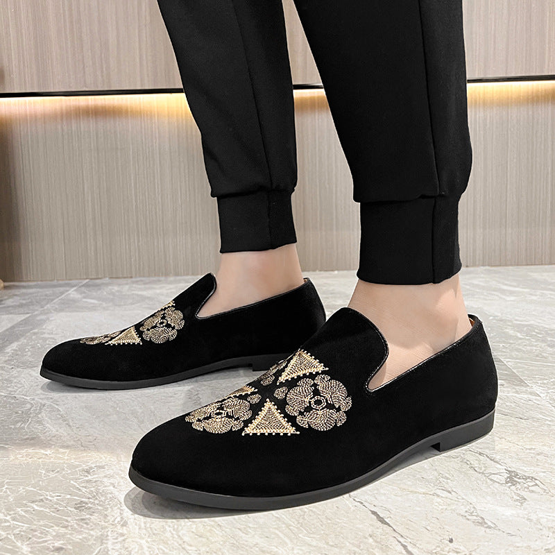 Suede Black Gold Embroidery Slip On Shoes