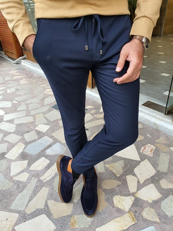 Dark Blue Slim Fit Lace Up Pants