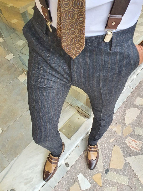 Dark Blue Slim Fit Striped Pants