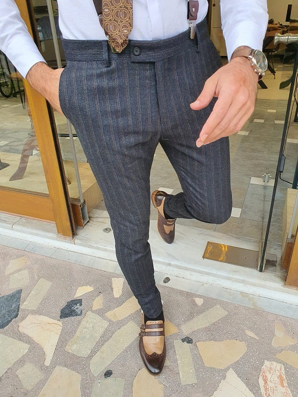 Dark Blue Slim Fit Striped Pants