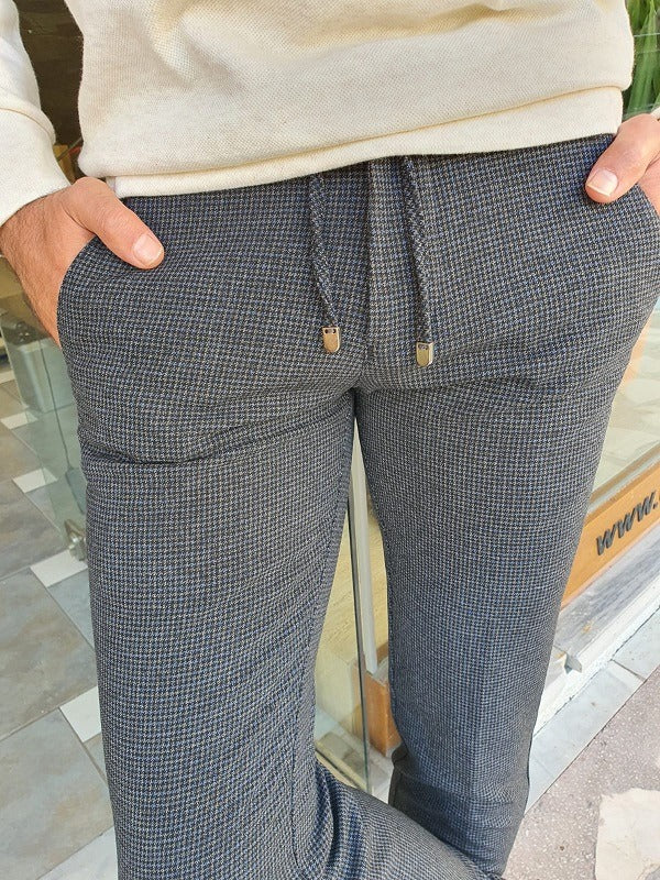 Gray Slim Fit Lace Up Plaid Pants