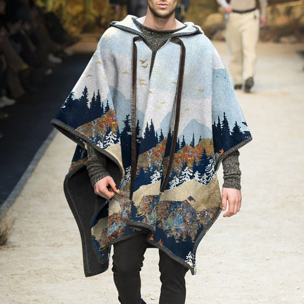 Loose ethnic style hooded print trend cape men's clothing