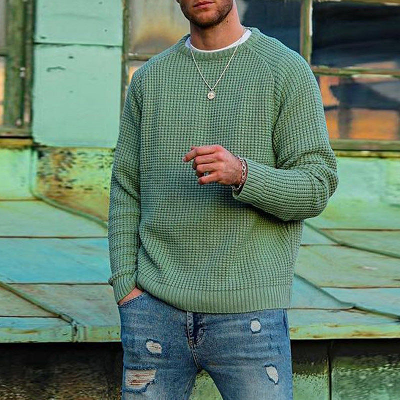 Crew Neck Casual Men's Knitted Green Sweater