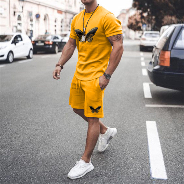 Yellow Butterfly Sports Casual Short Sleeve Two-piece Suit