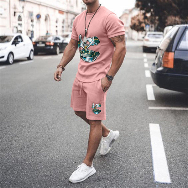 Pink Sports Casual Short Sleeve Two-piece Suit
