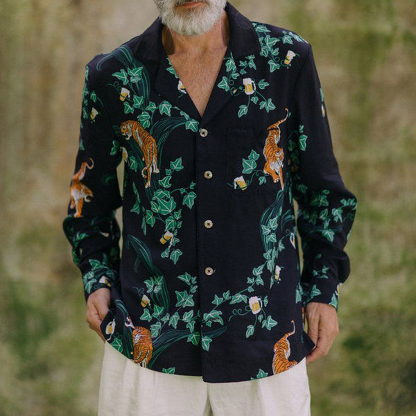 Long Sleeve Slim Fit Printed Long Shirt Men's Flower Shirt