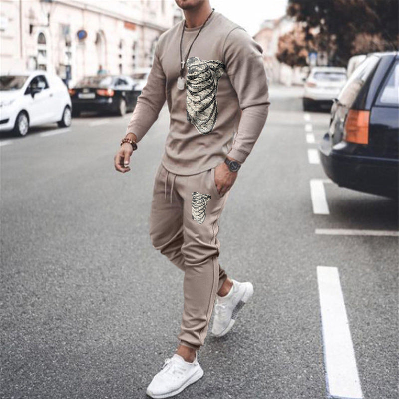 Khaki Ribs Sports Casual Short Sleeve Two-piece Suit