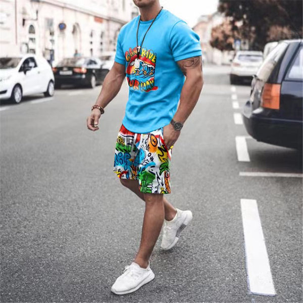 Blue Hawaiian Sports Casual Short Sleeve Two-piece Suit