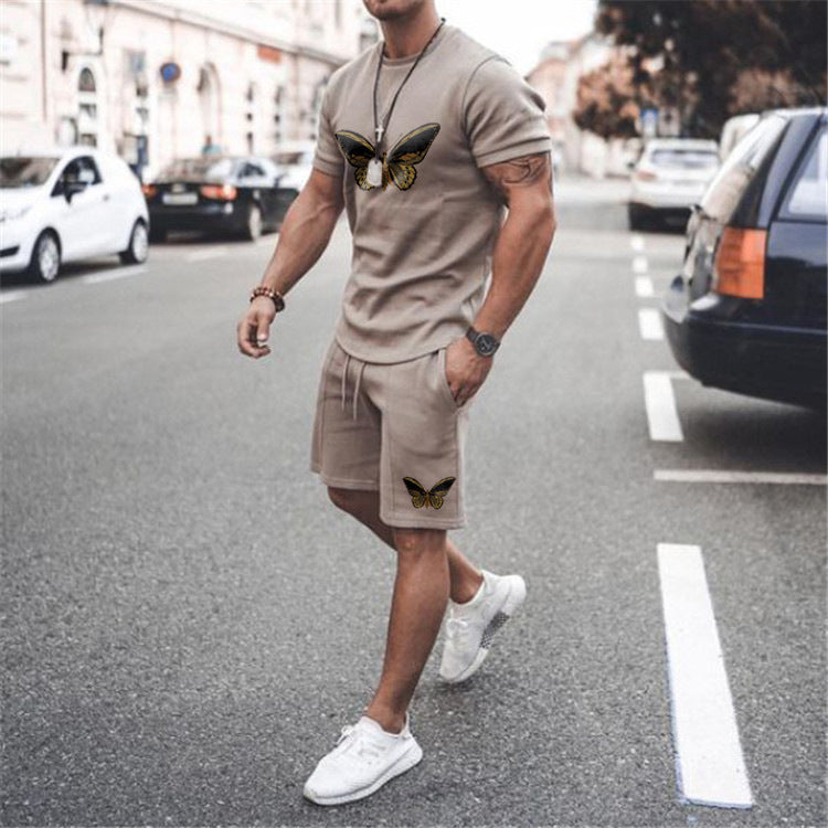 Khaki Butterfly Sports Casual Short Sleeve Two-piece Suit