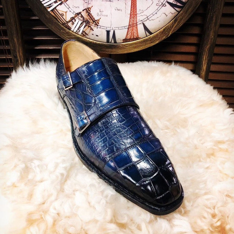 Blue classic double buckle formal men's monk shoes