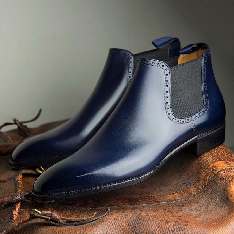 Blue handmade men's shiny leather Chelsea boots