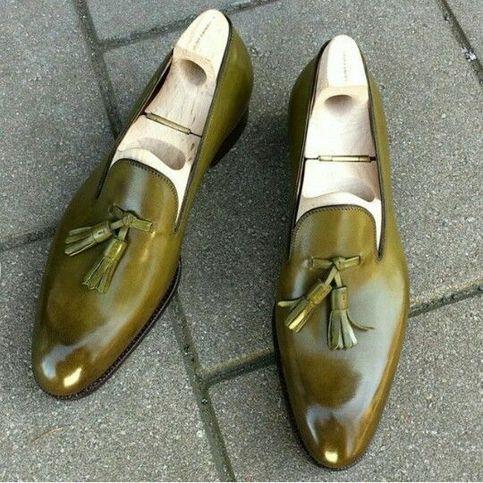 Green fringe pointed toe loafers