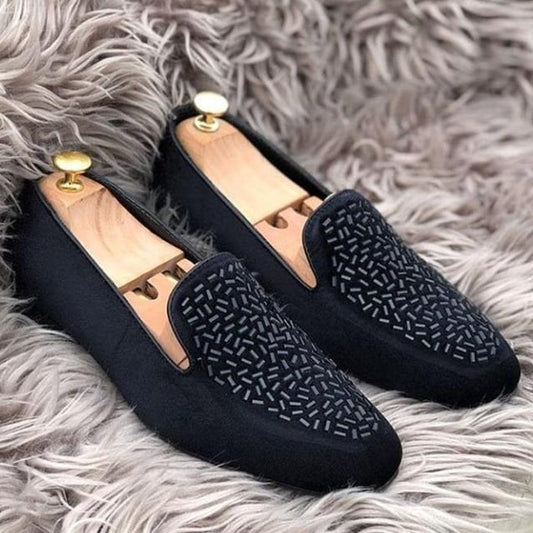 Black Suede Classic Pattern Slipon Loafers