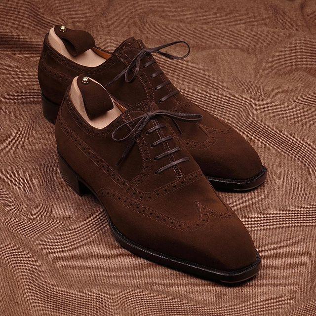 Dark brown men's high-end handmade suede brogue Oxford leather shoes