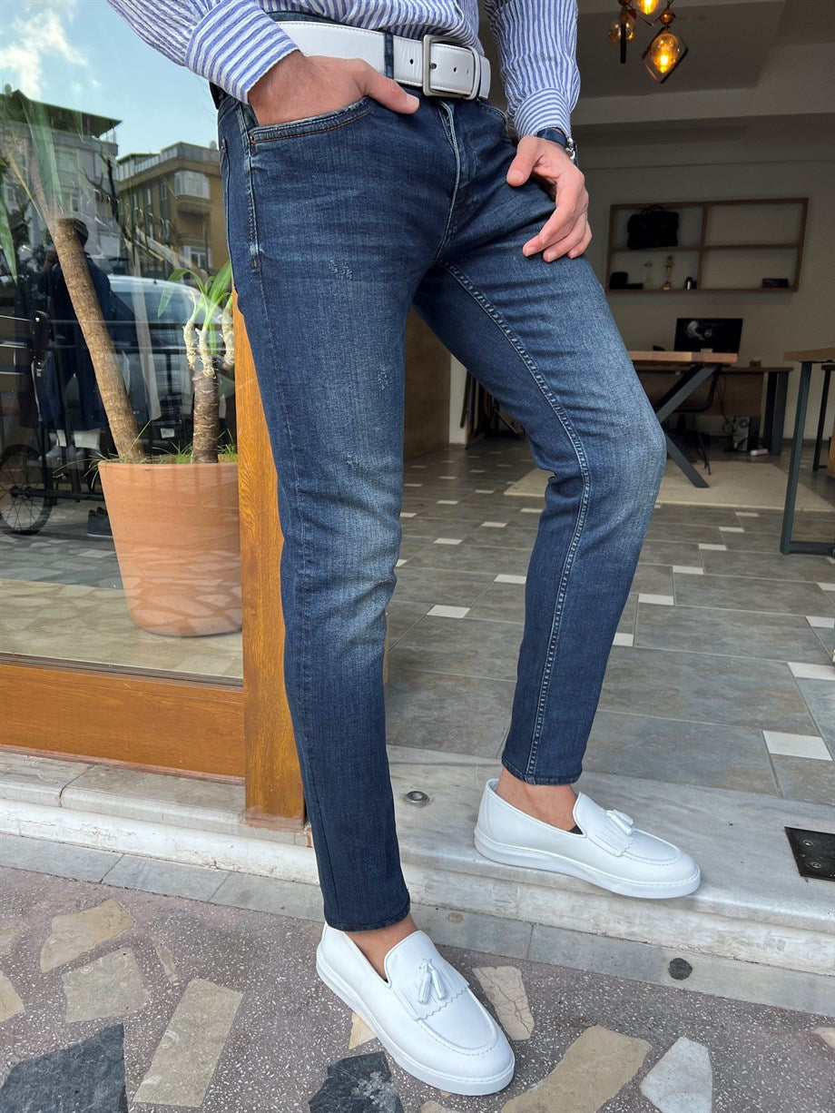 Narrow Cut Slit Detailed Grinding Jeans