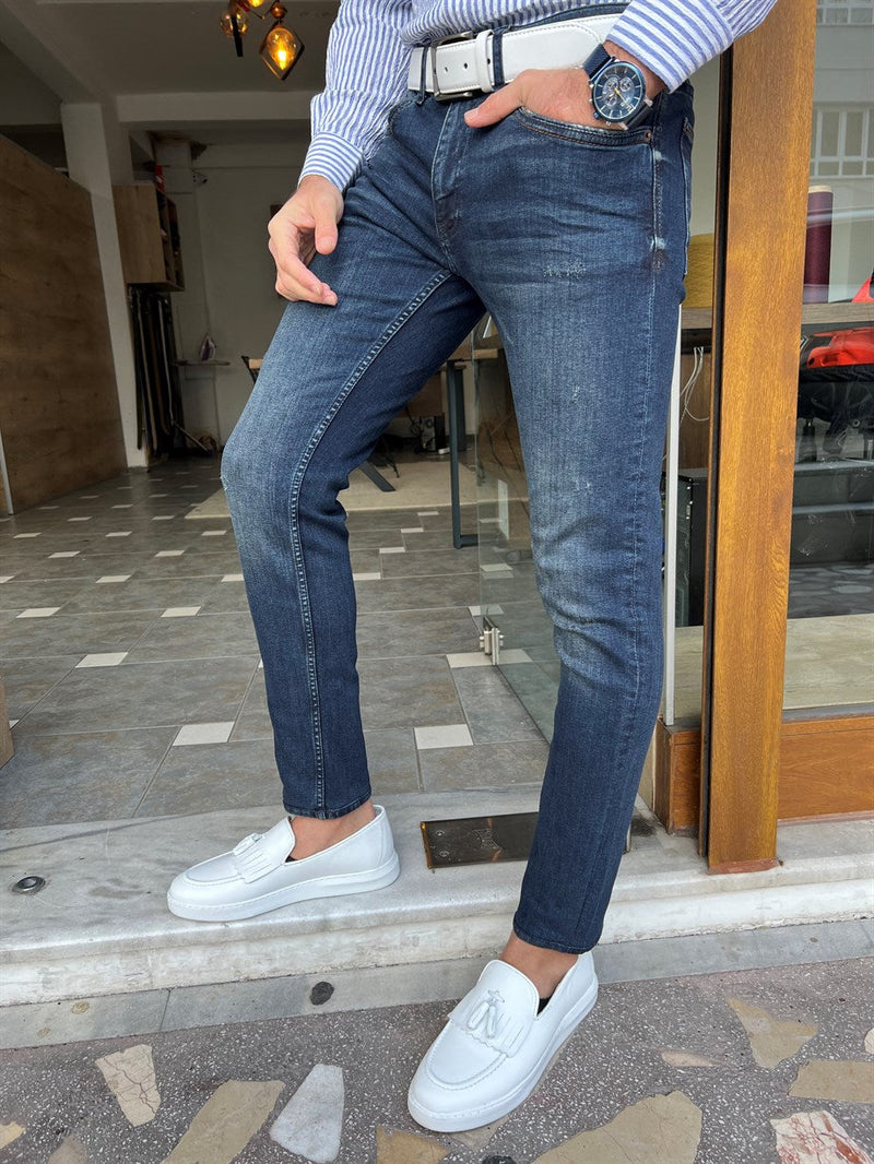 Narrow Cut Slit Detailed Grinding Jeans