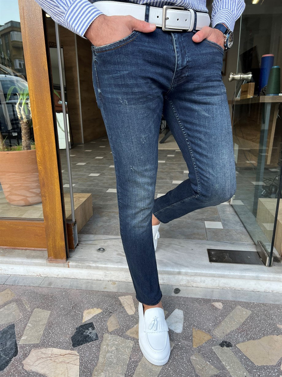 Narrow Cut Slit Detailed Grinding Jeans