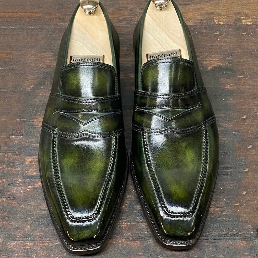 Classic fashion trend dark green men's loafers leather shoes