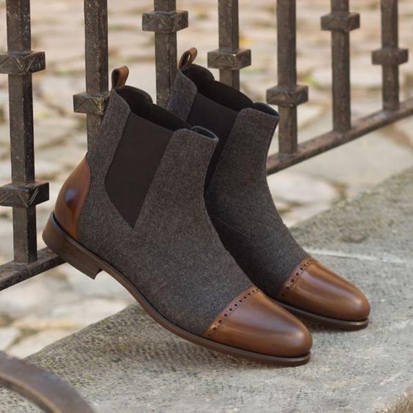 Custom Made Men's Chelsea Boot Multi in Dark Grey Flannel with Medium Brown Polished Calf Leather
