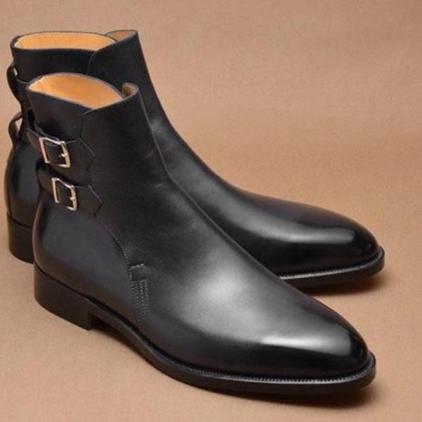 Black Double Buckle Ankle High Leather Boot