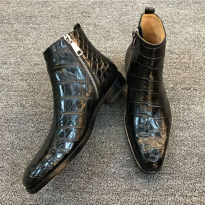 Black High Heel Pattern Zip Chelsea Boots