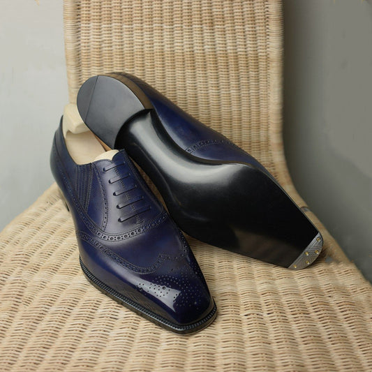 Blue and black pointed-toe business oxford shoes