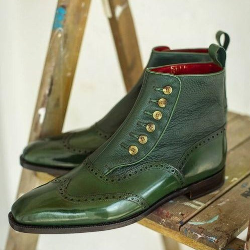 Men_s Green Bullock Engraved Pointed Boots