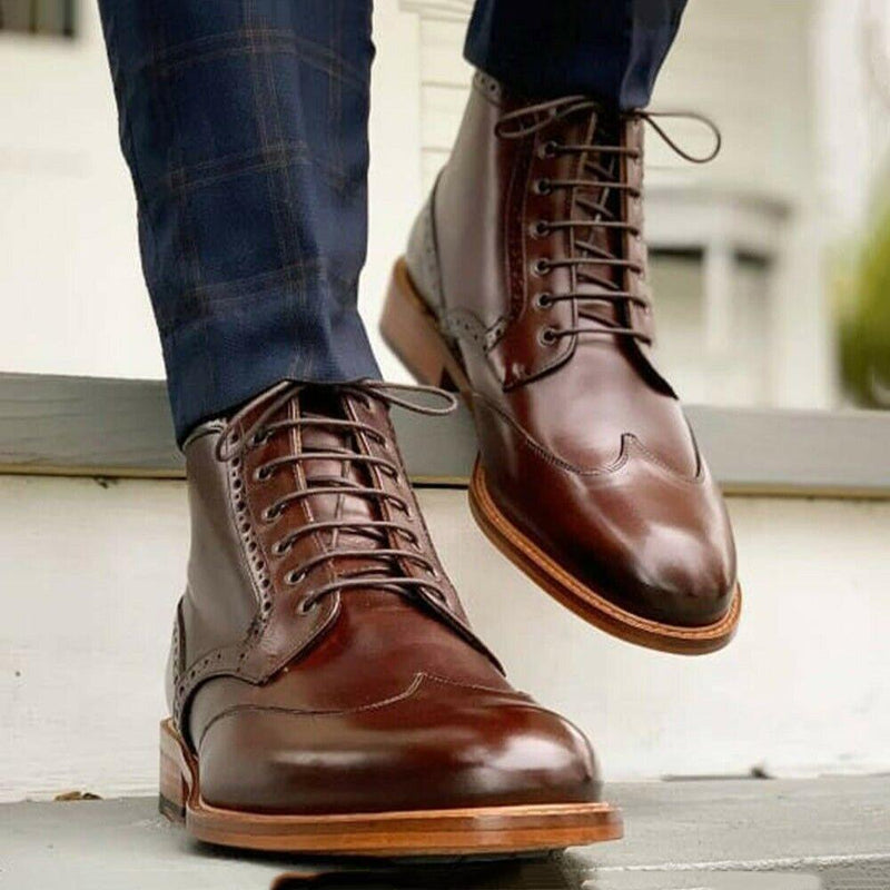 Brown Leather Decent Looks Wing Tip Stylish Lace Up Formal Boot Dress Boot