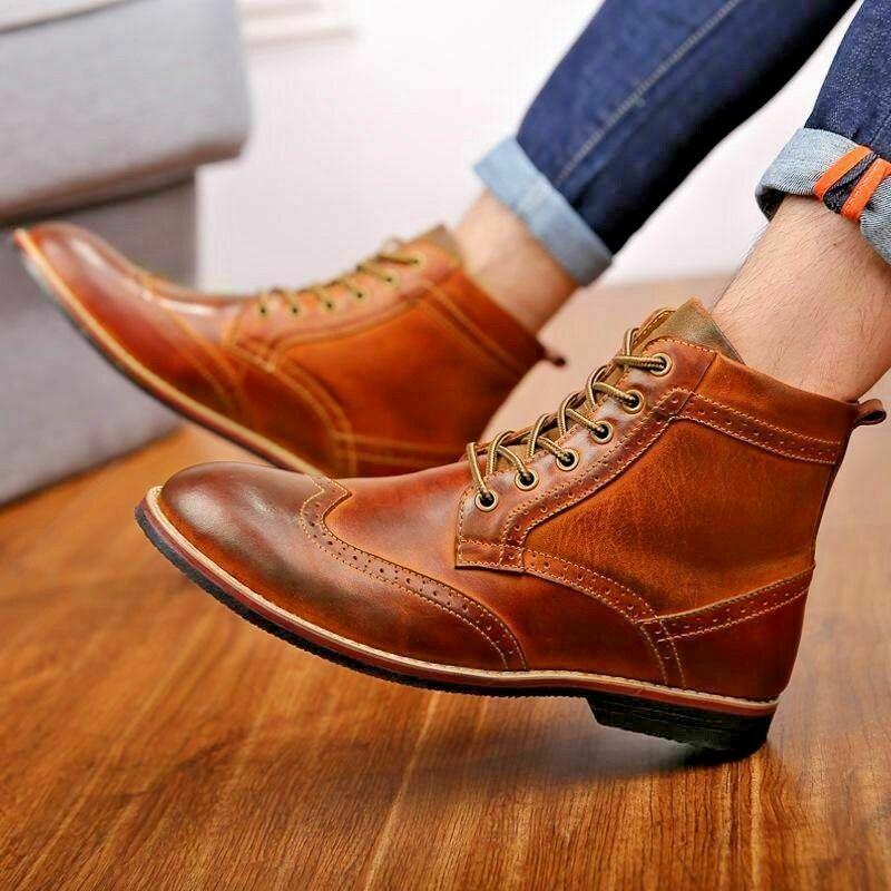 HANDMADE MEN'S TAN ANKLE WINGTIP MARCHING MILITARY BOOTS