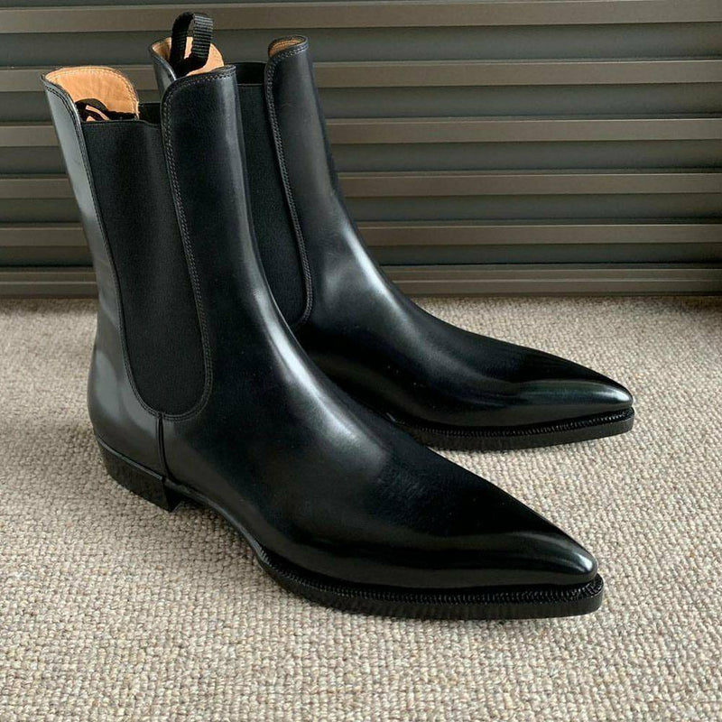 Men Rock Style Black Leather High Ankle Chelsea Pointed Toe Boots