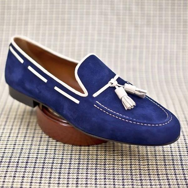 Navy blue classic suede men's white tassel loafers