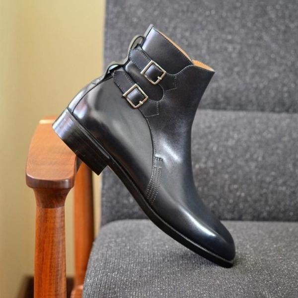 Black Double Buckle Ankle High Leather Boot