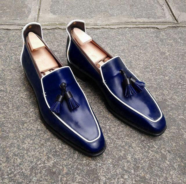 Handmade Loafer Shoes_ Navy Blue Leather Loafers