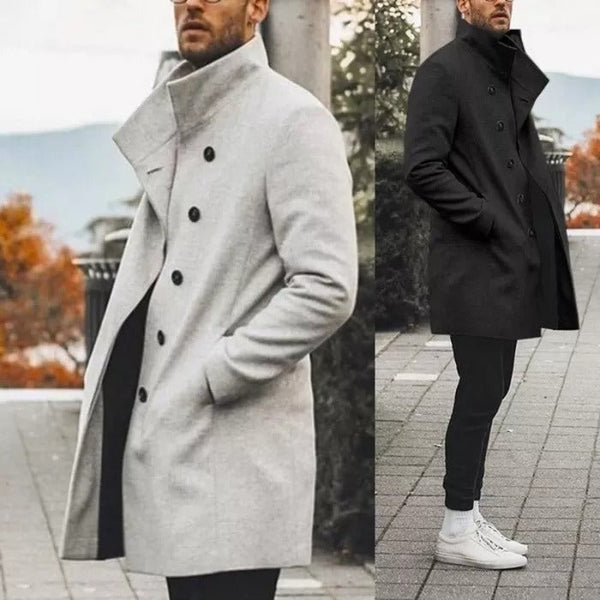 Autumn Mens Brand Treanch Coats Stand Fashion Long Jacket Overcoat Casual Solid Slim Pocket Coats Black White Outwear