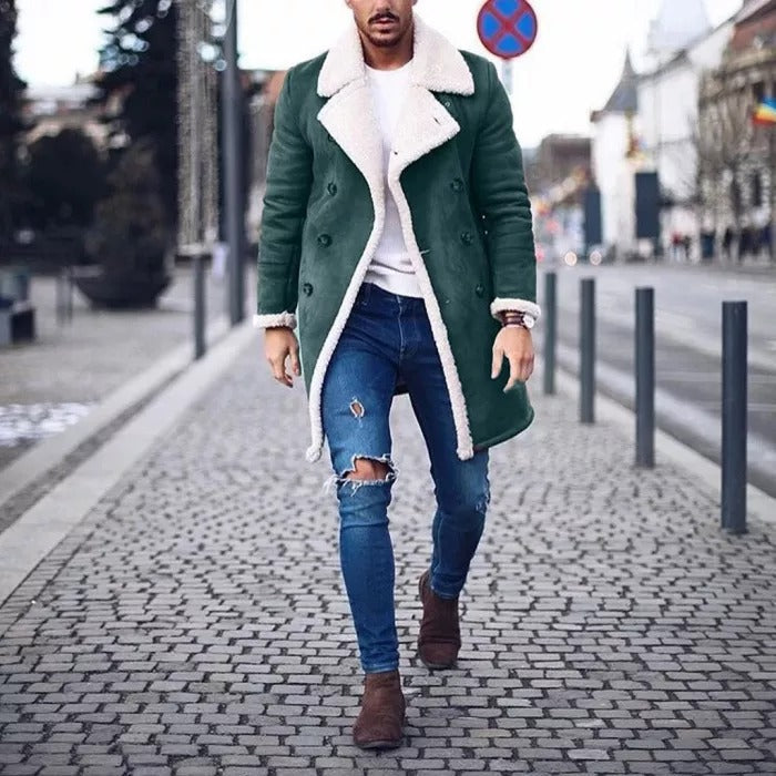 Fashion Men Fur Fleece Blends Brown Color Trench Coat Overcoat Lapel Warm Fluffy Jacket Outerwear Male Boy Warm Jacket