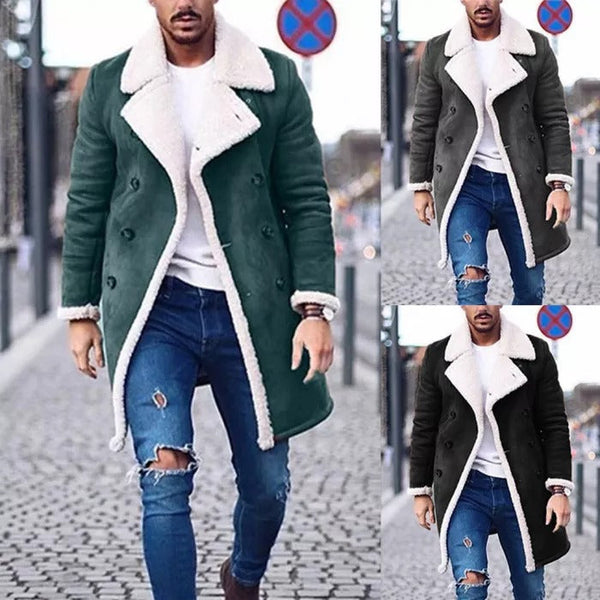 Fashion Men Fur Fleece Blends Brown Color Trench Coat Overcoat Lapel Warm Fluffy Jacket Outerwear Male Boy Warm Jacket
