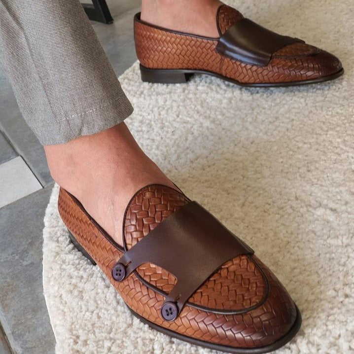 Bristol Tan Woven Leather Double Monk Strap Loafers Shoes