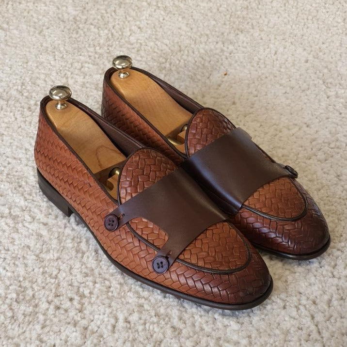 Bristol Tan Woven Leather Double Monk Strap Loafers Shoes