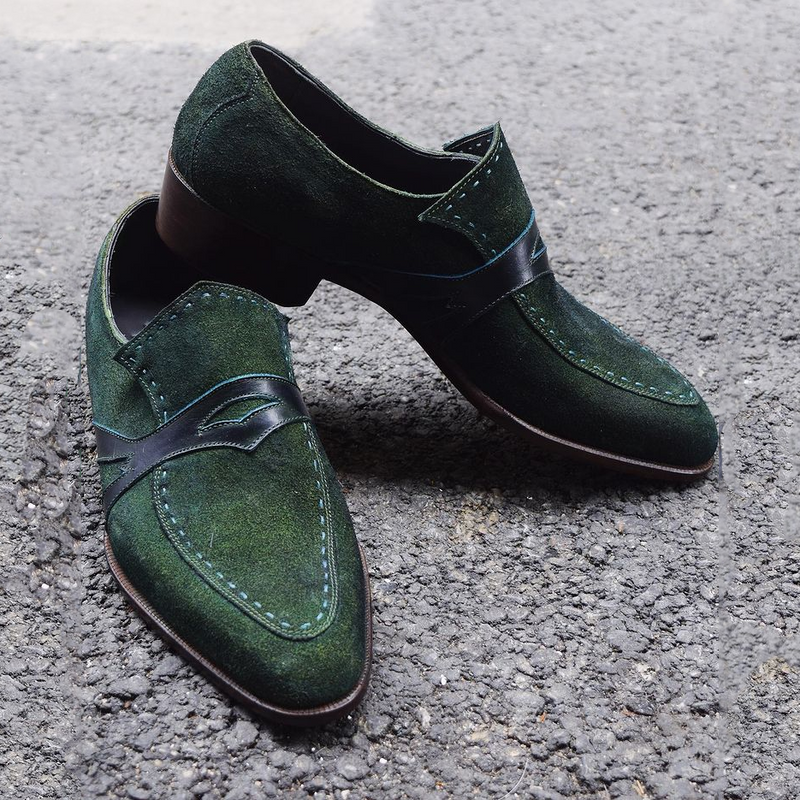 Men's dark green suede slip-on shoes