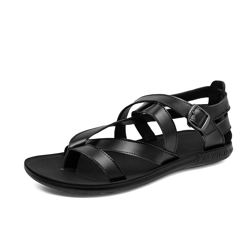 Black Leather Roman Style Summer Beach Men Sandals