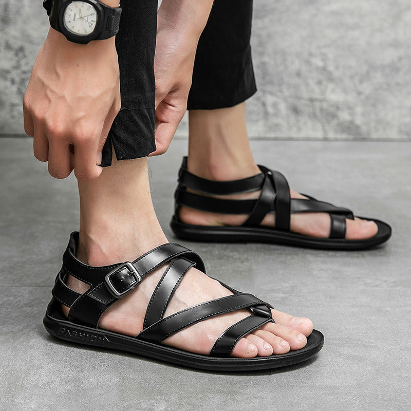 Black Leather Roman Style Summer Beach Men Sandals