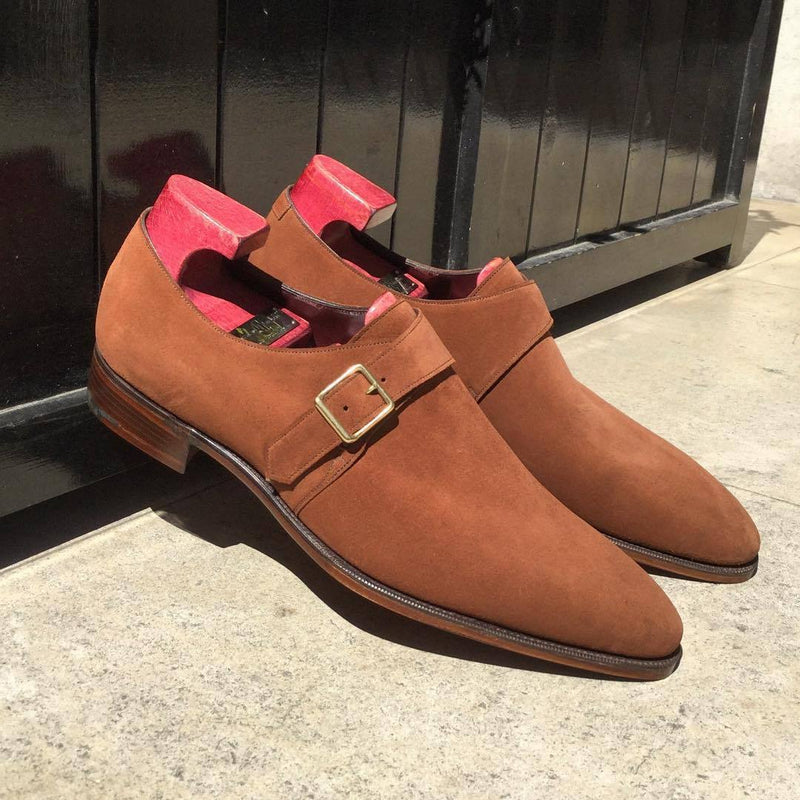 Brown hand-made suede single buckle slip-on shoes
