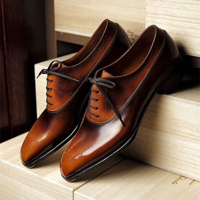 Black-brown square toe brogue classic business handmade leather shoes
