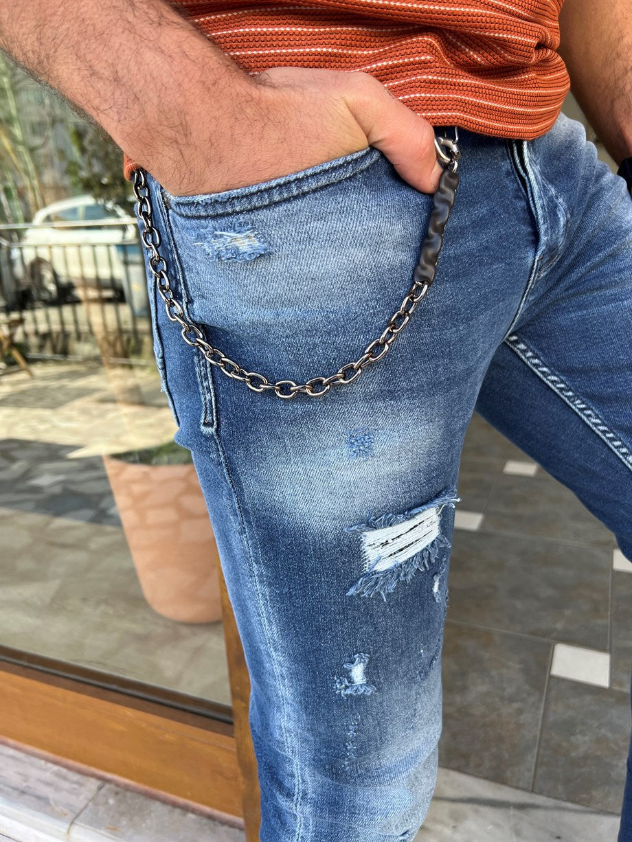 Ripped and Chain Detail Slim Fit Jeans