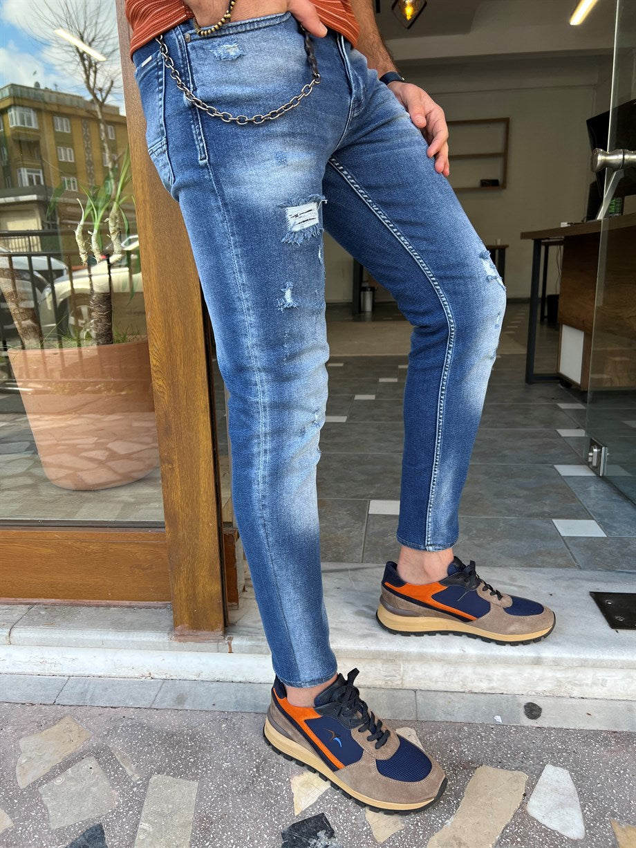 Ripped and Chain Detail Slim Fit Jeans